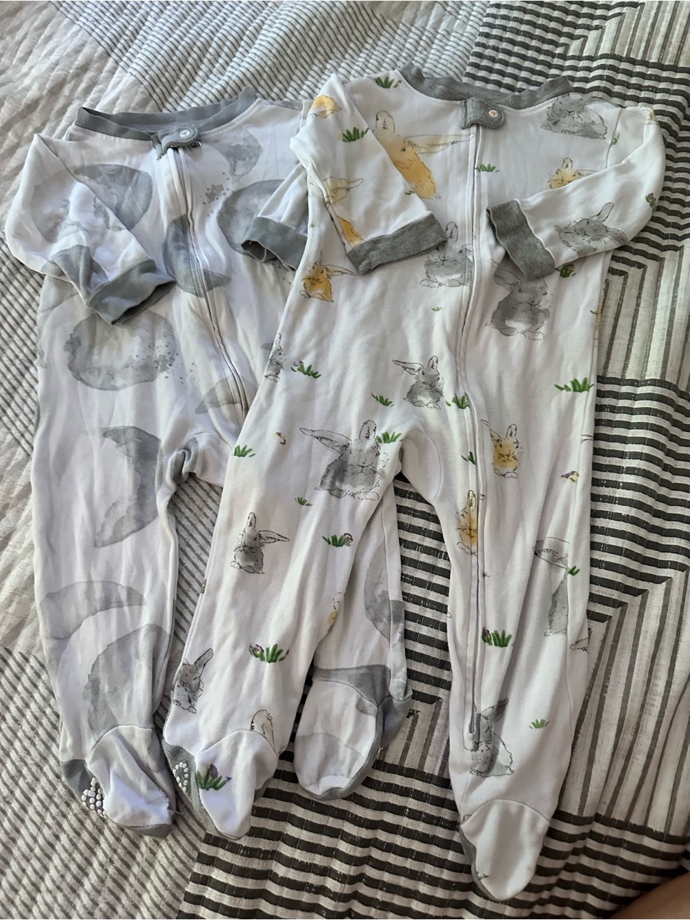 Baby Footed One-Piece Sleepers in Grey and White with Bunny Print